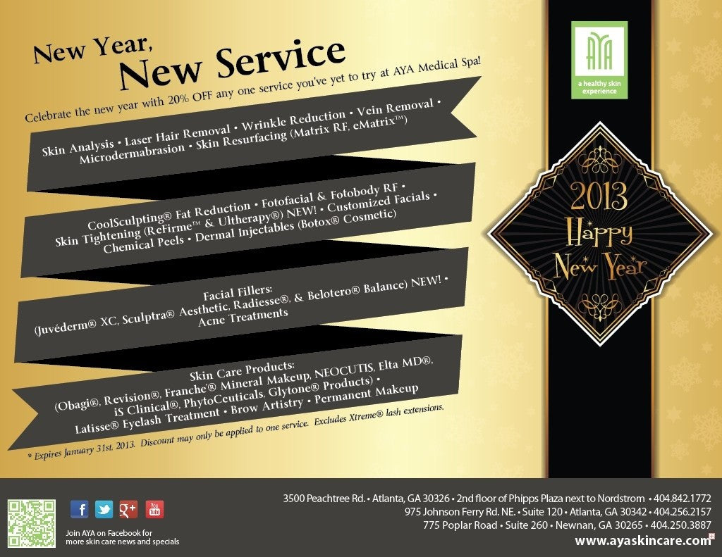 Kick off 2013 with 20% Off a New Service or Skincare Product from AYA!