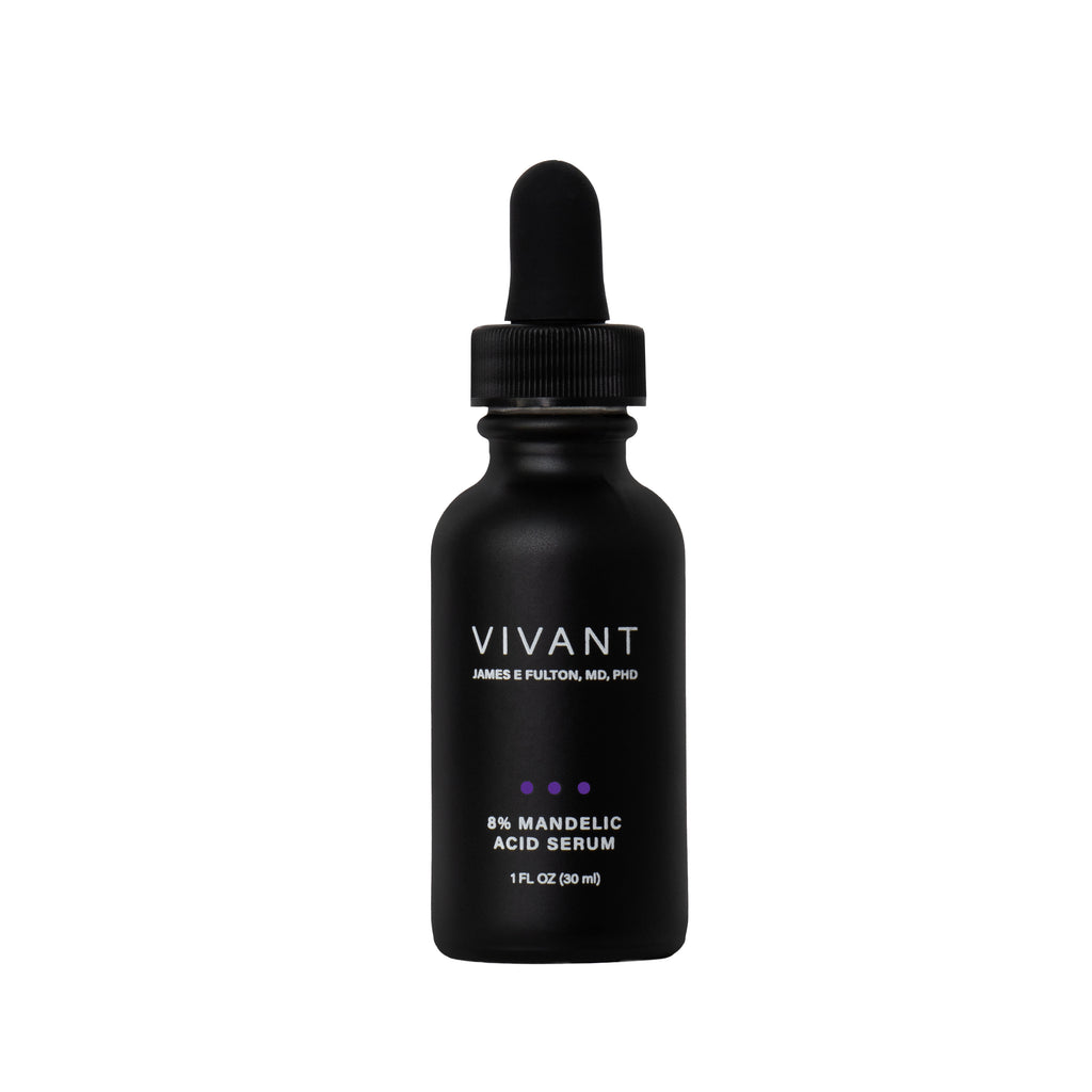 A black bottle with a dropper containing the Vivant 8% Mandelic Acid Serum.