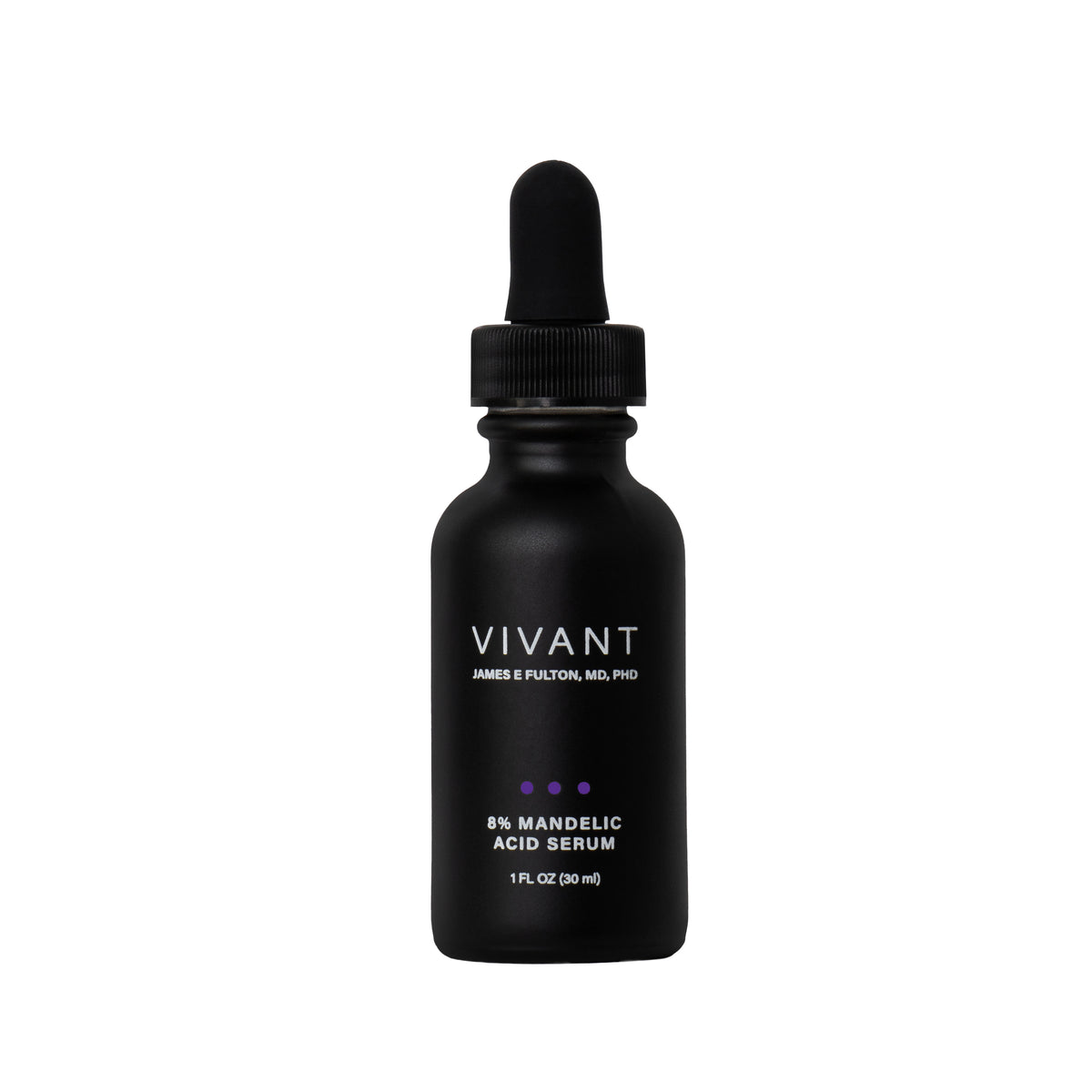 A black bottle with a dropper containing the Vivant 8% Mandelic Acid Serum.