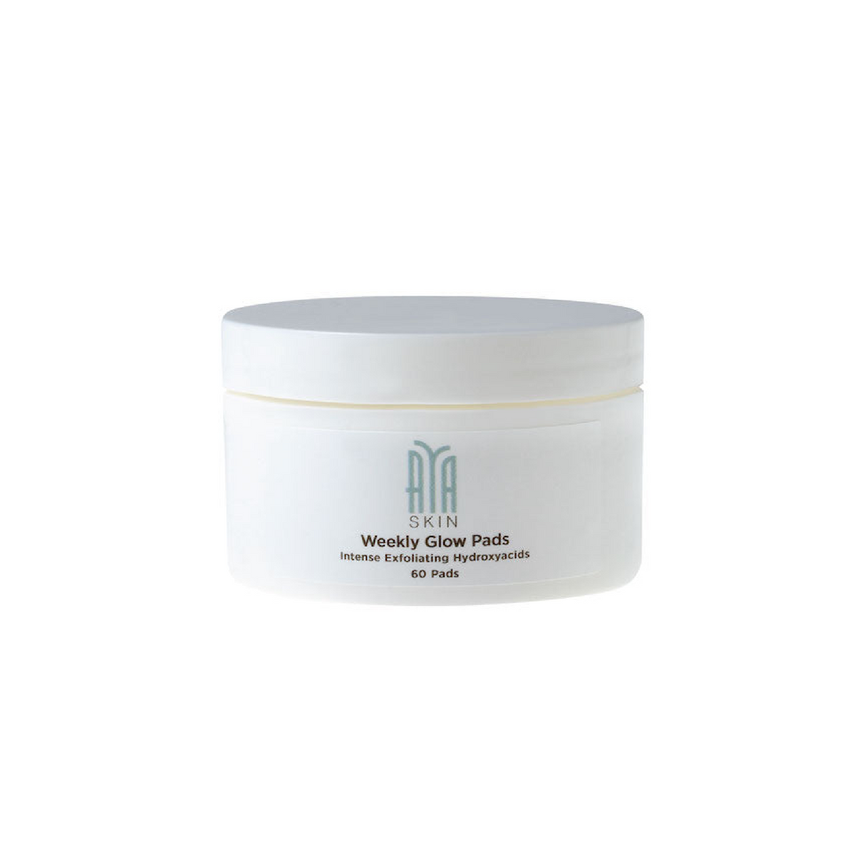 A white jar labeled 'Weekly Glow Pads' from AYA Skincare, containing exfoliating pads.