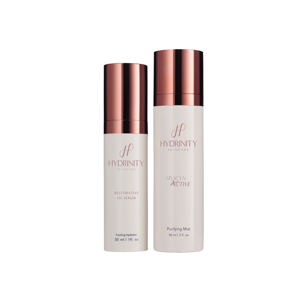 Two cosmetic products, a serum and a purifying mist, with white and rose gold packaging labeled 'Hydrinity'.