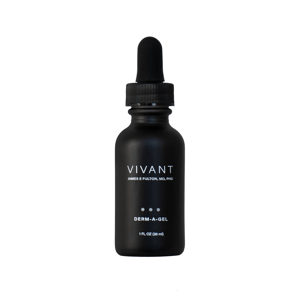 A black bottle with a white label and a dropper containing Vivant Derm-A-Gel