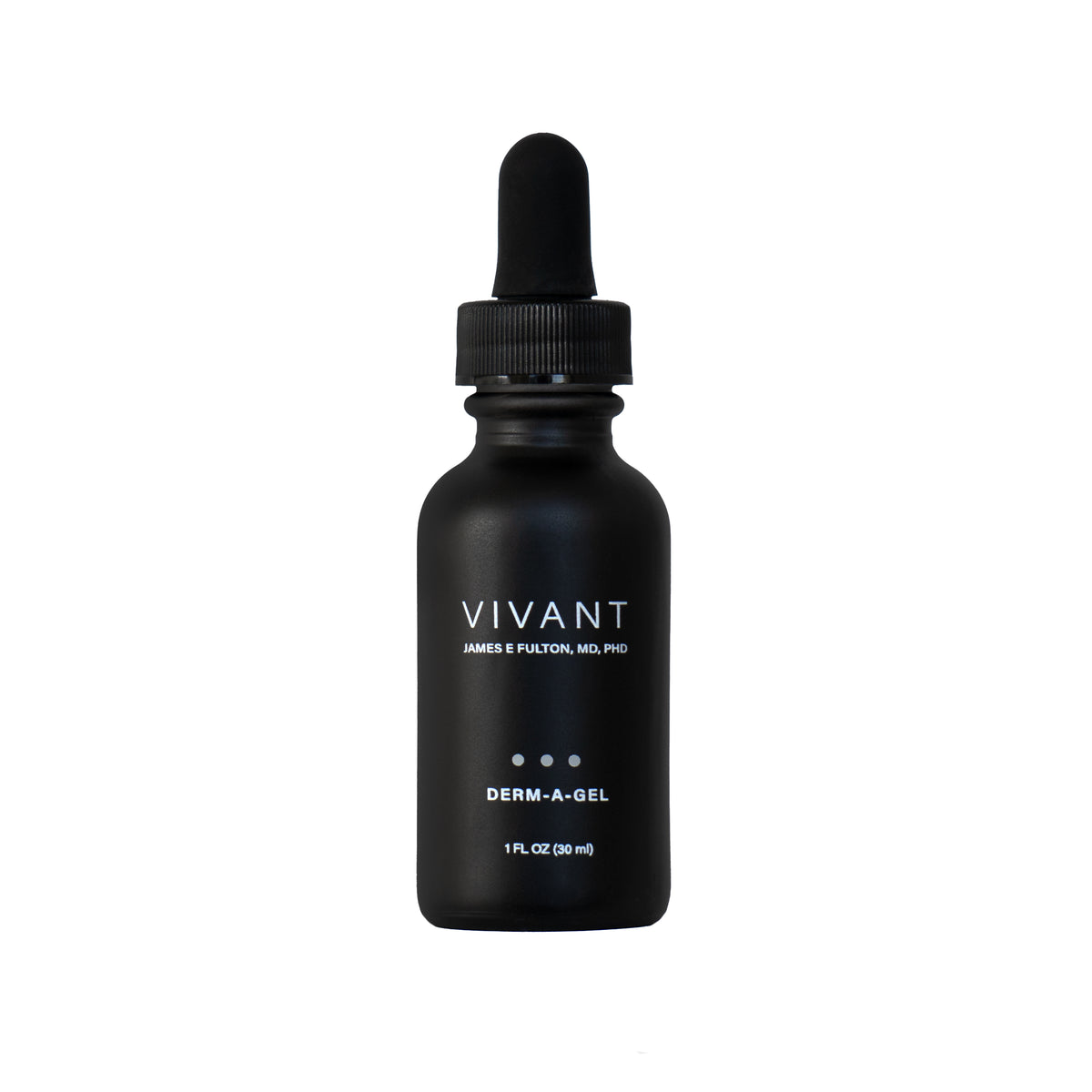 A black bottle with a white label and a dropper containing Vivant Derm-A-Gel