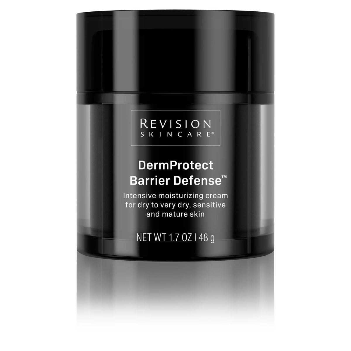 A black jar of Revision DermProtect Barrier Defense moisturizer, designed for dry to very dry, sensitive, and mature skin.