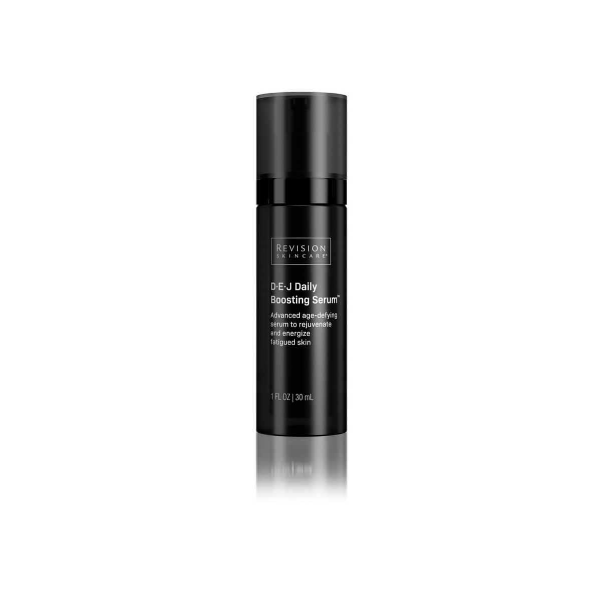 A black pump bottle of Revision Skincare D·E·J Daily Boosting Serum on a white background.