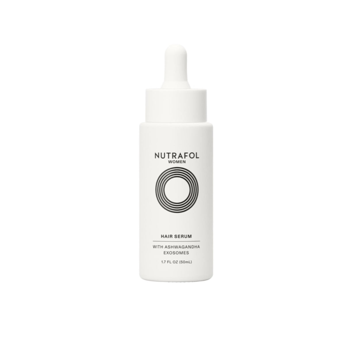 A white bottle with a dropper cap labeled Nutrafol Women's Hair Serum, with a minimalist design featuring black circle patterns.