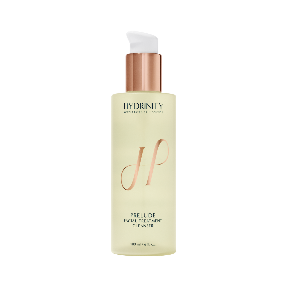 A bottle of Hydrinity Prelude Facial Treatment with a pump dispenser, labeled with the brand's logo.
