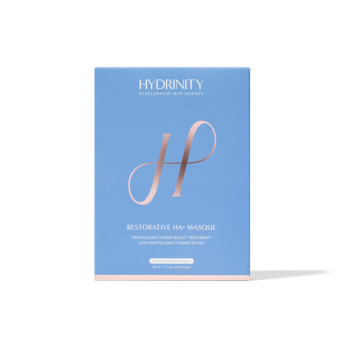 A blue package with the brand name Hydrinity written in white, with the product name Restorative HA Masque highlighted in larger, bolder lettering.