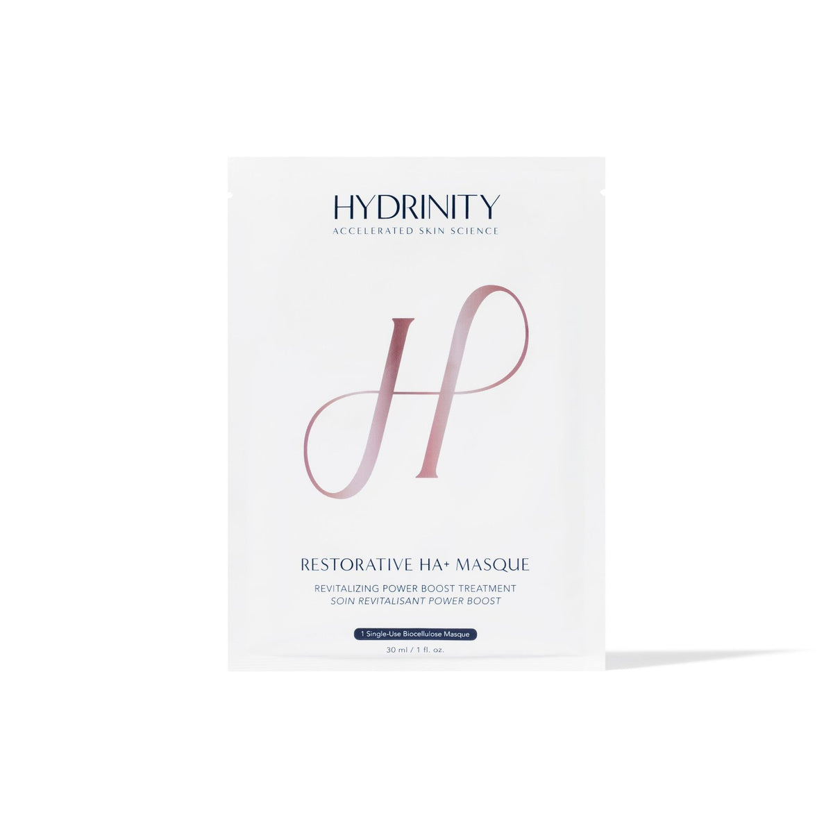 A packaged skin care product labeled 'Hydrinity Restorative HA Masque' with a stylized H logo in pink on a white background.