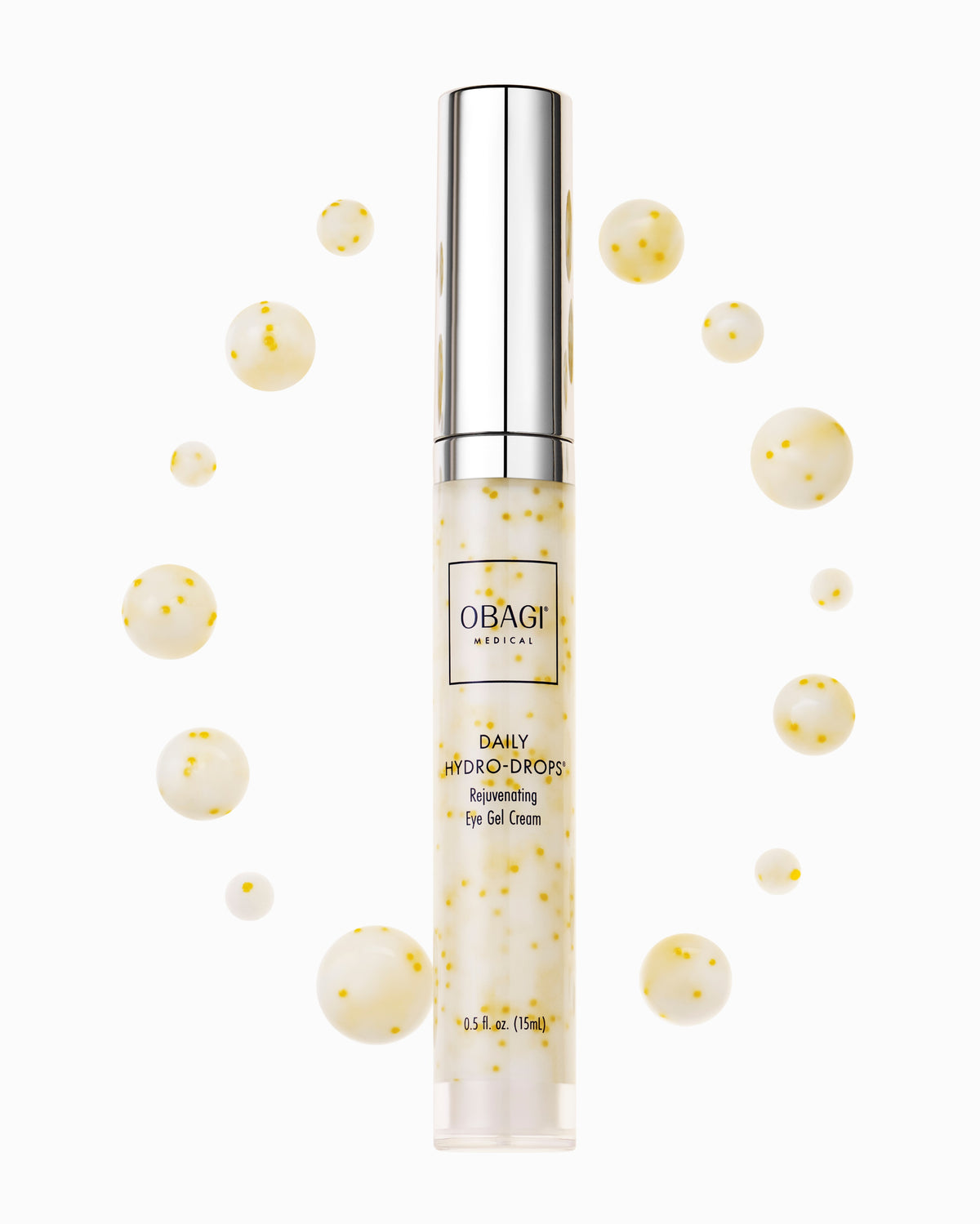 A bottle of Obagi Daily HydroDrops Eye Gel Cream with a dropper, surrounded by water droplets.