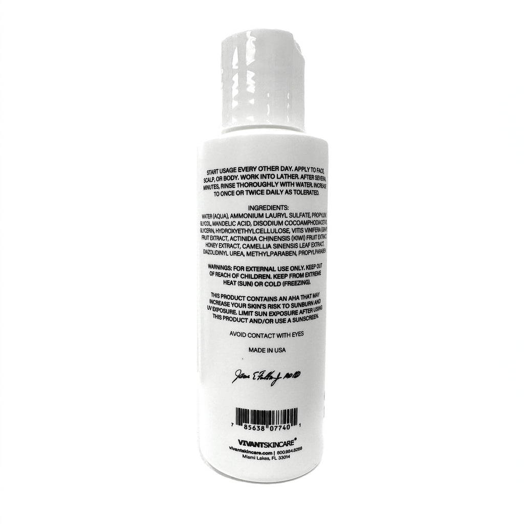 Backside of white bottle of Vivant Mandelic Acid 3-in-1 Wash.