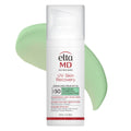 A pump bottle of EltaMD UV Skin Recovery Green Tint SPF 50 with a swatch of the green tint color beside it.