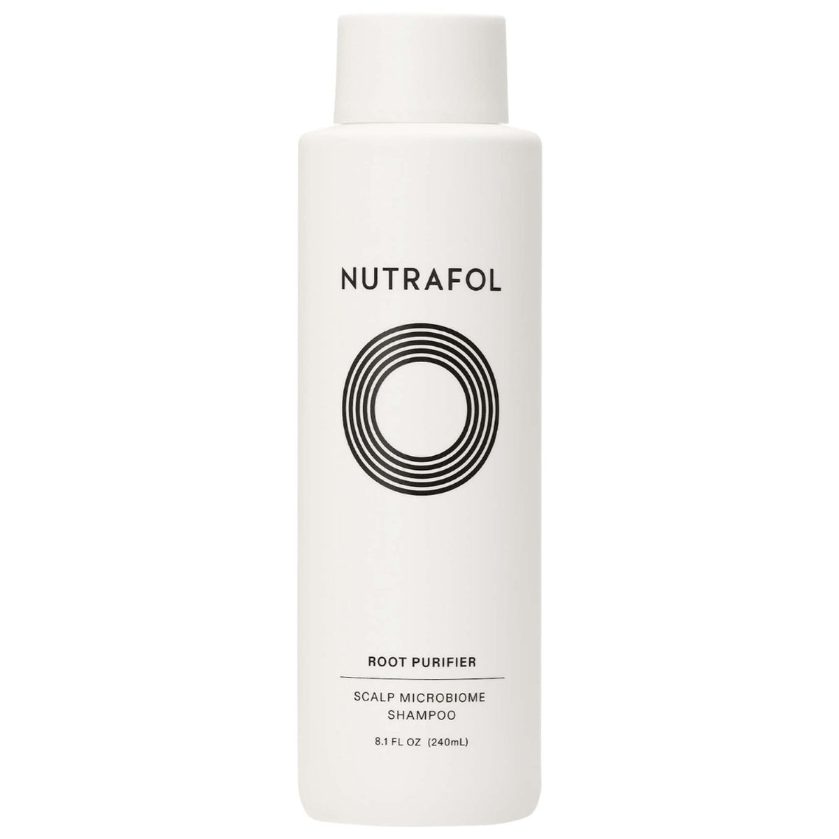 A bottle of Nutrafol Root Purifier Scalp Microbiome Shampoo.