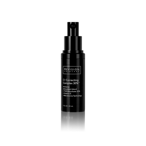 A black pump bottle of Revision Skincare C+ Correcting Complex 30% lotion.