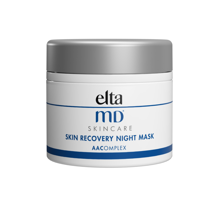 A container of Elta MD Skin Recovery Night Mask, with a white and silver design.
