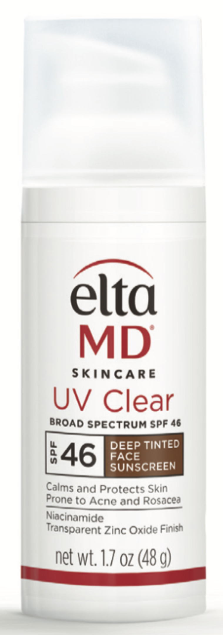 A bottle of Elta MD UV Clear Deep Tinted Broad-Spectrum SPF 46 sunscreen lotion.