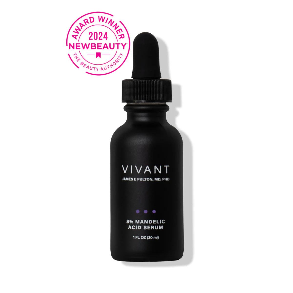 Container of Vivant 8% mandelic acid serum with badge that says' 2024 new beauty award winner'