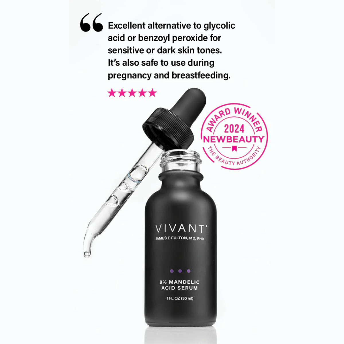 Quote that says 'Excellent alternative to glycolic acid or benzoyl peroxide for sensitive or dark skin tones. It's also safe to use during pregnancy and breastfeeding.'