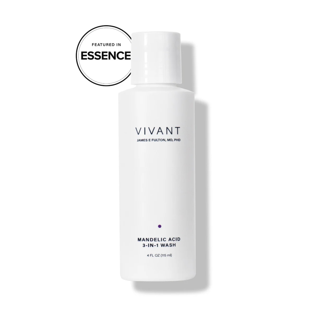A white bottle of Vivant Mandelic Acid 3-in-1 Wash with promotional badge that read 'featured in Essence'