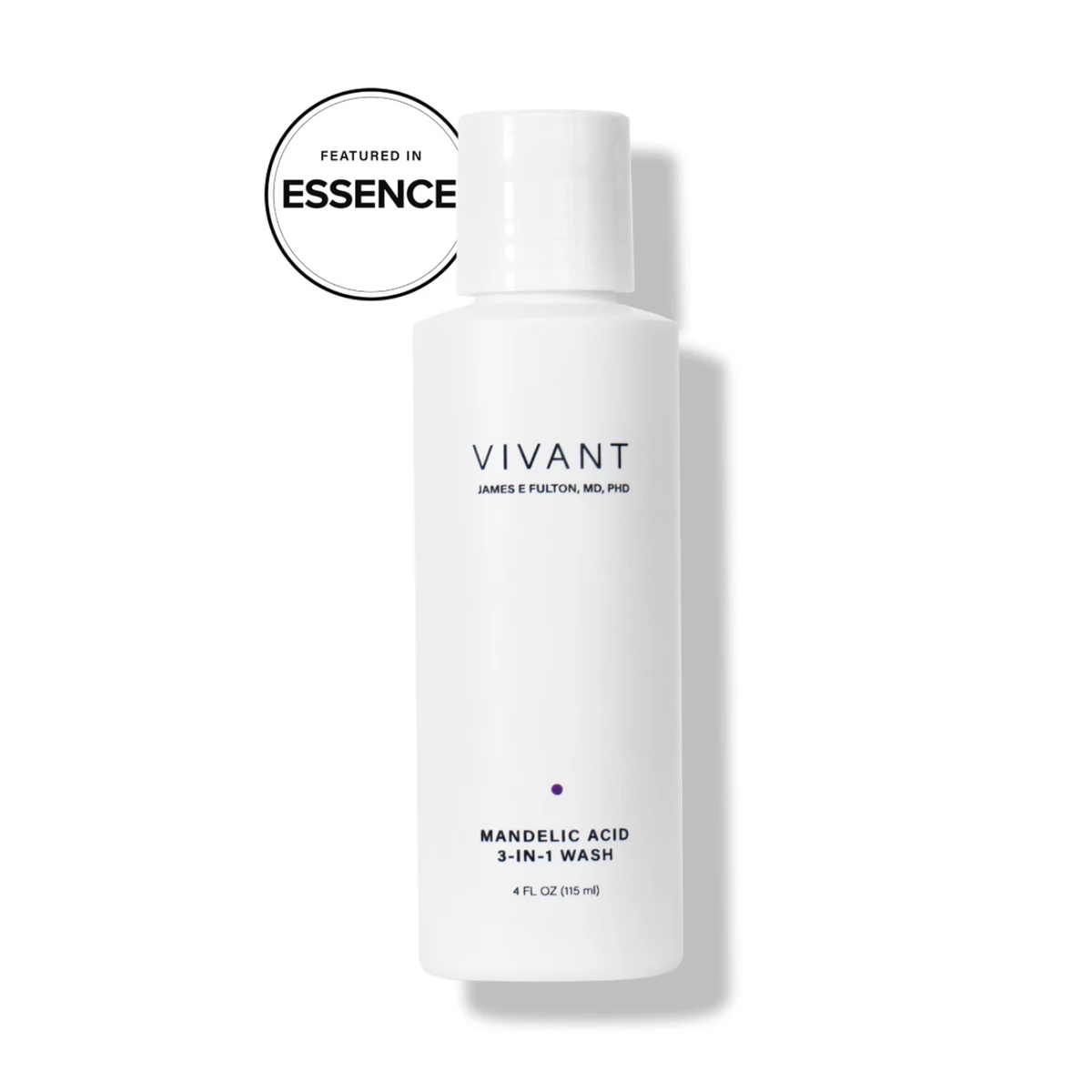 A white bottle of Vivant Mandelic Acid 3-in-1 Wash with promotional badge that read 'featured in Essence'