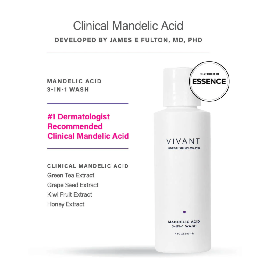 A white bottle of Vivant Mandelic Acid 3-in-1 Wash. Devleoped by James E Fulton, MD, PHD. #1 Dermatologist recommended clinical mandelic acid