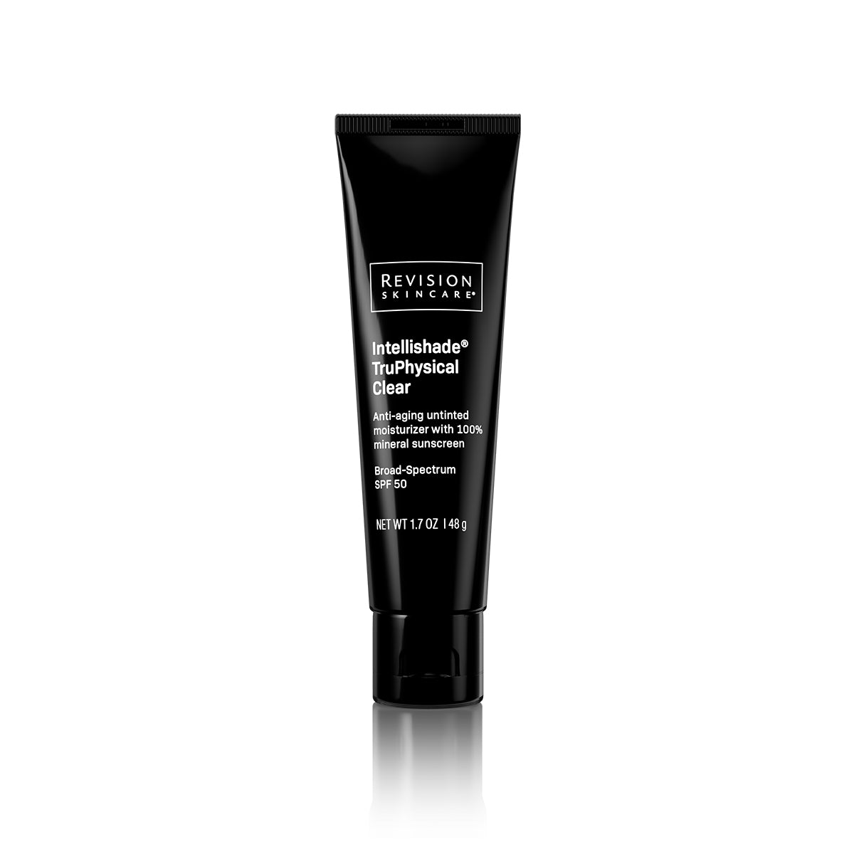 A tube of Revision Skincare Intellishade TruPhysical Clear Broad-Spectrum SPF 50 moisturizer.