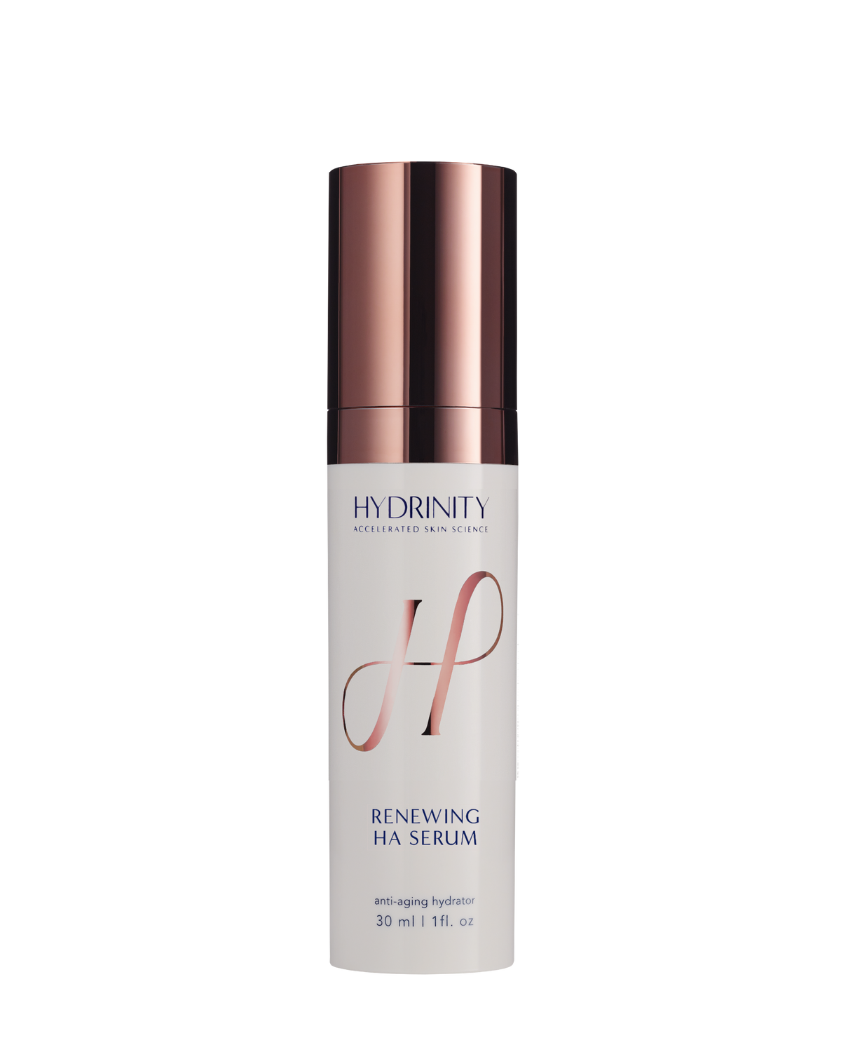 A bottle of Hydrinity Renewing HA Serum with a white label and a rose gold cap.