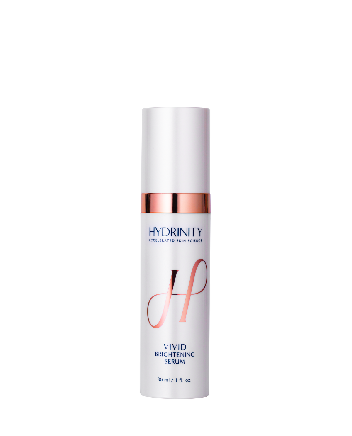 A bottle of Hydrinity Vivid Brightening Serum with a white and rose gold label, designed for brightening and hydrating the skin.