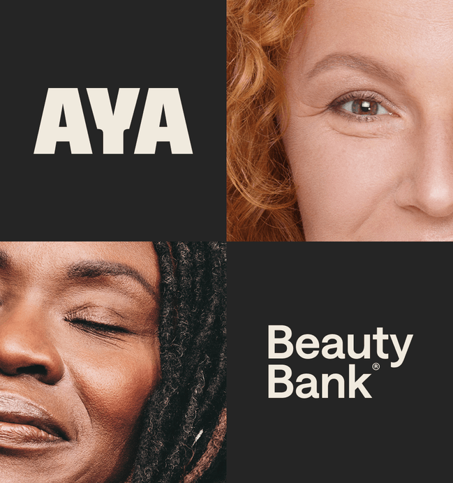 AYA Beauty Bank® collage: the AYA and Beauty Bank® wordmarks beside close-up portraits of two women