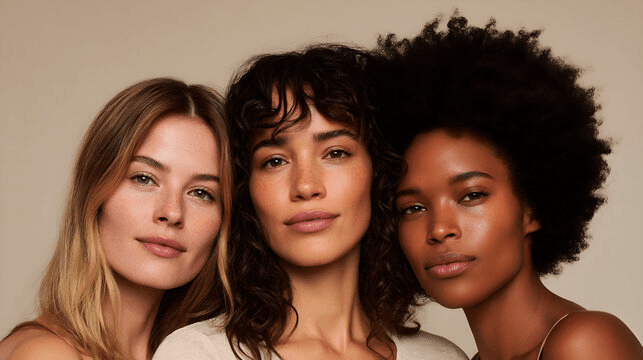 Three smiling women with natural makeup and glowing skin