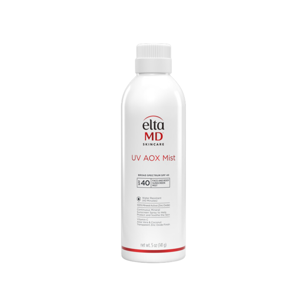 A bottle of Elta MD UV AOX Mist Broad-Spectrum SPF 40 sunscreen spray.