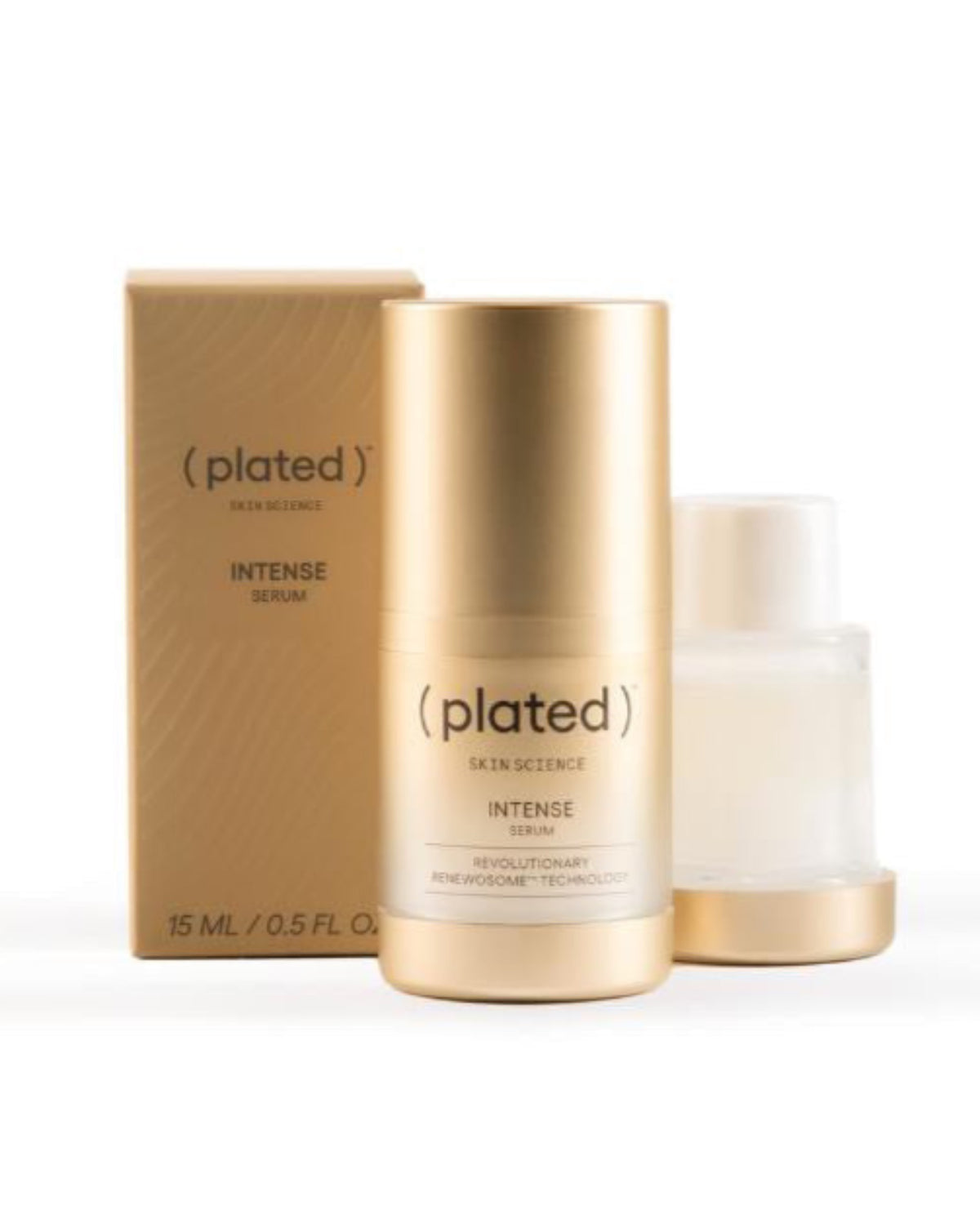 A skin care serum product by (plated) Intensive Repair Serum, with a gold and white color scheme, including the bottle and packaging.