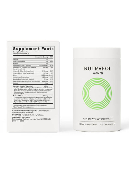 The image shows the packaging of Nutrafol Women, which includes a supplement facts panel and a container with the brand and product name. The design is clean with a white background and green accents.