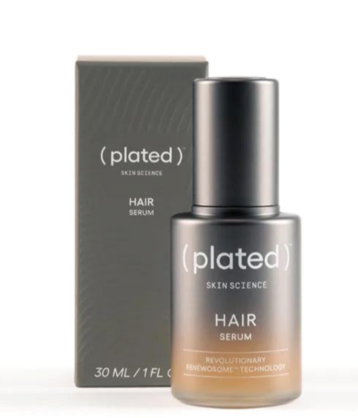 A bottle of (plated) Hair Serum next to its packaging box.